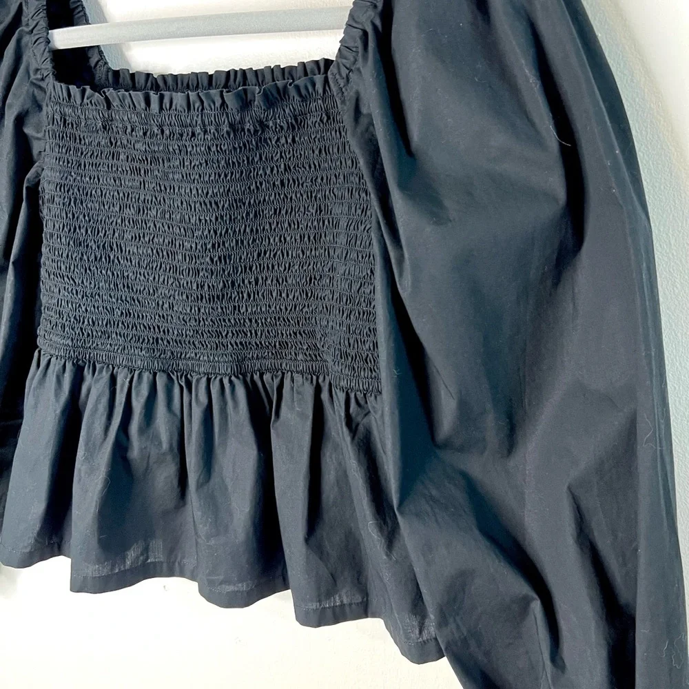 J. Crew Black Smocked Square-Neck Peplum Top Poplin Cotton SZ S EUC